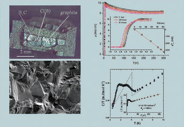 В алмазах, синтезированных при высоких давлениях и легированных бором, обнаружена сверхпроводимость с критической температурой до 5 К и высоким значением верхнего критического поля (более 3,5 Т). Полученный материал является первым примером полупроводника-сверхпроводника с алмазной кристаллической решеткой. Вследствие уникальных механических и тепловых свойств алмаза этот результат перспективен для многочисленных практических применений