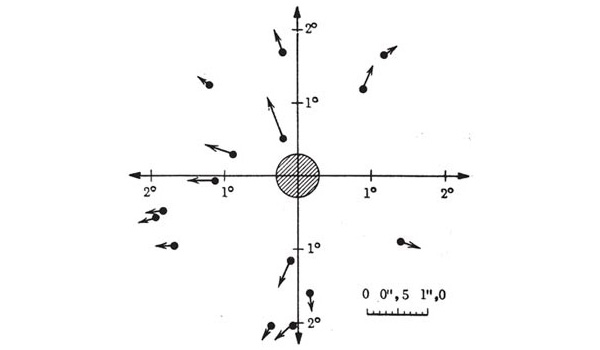 Вот так разбегались наблюдаемые звёзды со своих привычных мест, когда в середину их «роя» вторглось массивное Солнце. Рисунок из книги Ч. Мизнера, К. Торна и Дж. Уилера «Гравитация».