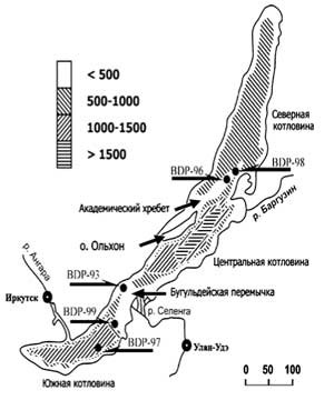 Глубокое бурение на Байкале дало возможность получить данные об изменении окружающей среды и климата в Центральной Азии. Байкальские записи до сих пор являются самыми длинными (600 м) и самыми древними (8,2 млн лет) непрерывными континентальными палеоклиматическими записями. На карте отмечены места бурения байкальского дна в 1993-1999 годах (BDP — сокращение от Baikal Drilling Project, английского названия проекта «Байкал-бурение»). Изображение: «Наука и жизнь»