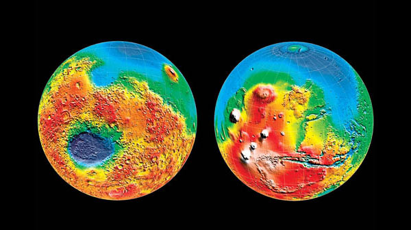 Трехмерная карта Марса, полученная с помощью лазерного альтиметра на борту спутника Mars Global Surveyor. Для съемки этой карты было проведено 27 млн измерений с точностью около 13 м. На правом полушарии видны гигантские вулканы. Изображение: «Популярная механика»