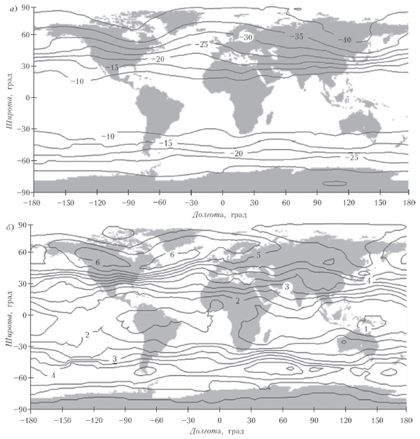 Рис. 8. Климатические поля: а) средне-январские температуры (в °С ) на барическом уровне 500 гПа; б) СКО январской температуры. Поля имеют выраженный зональный характер: зависимость от долготы существенно меньше, чем от широты. Разумеется, СКО, отвечающая какому-то определенному месяцу, меньше, чем для года в целом. Разбиение на месяцы перед осреднением не полностью отвечает существу дела — например, приход муссона и соответствующая перестройка циркуляции происходят в разные года в разные даты. Изображение: «Квант»