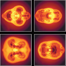 Моделирование показывает, что асимметрия развивается уже в начале взрыва. Малые различия в начале коллапса звезды приводят к большим различиям в степени асимметрии (изображение www.sciam.ru)