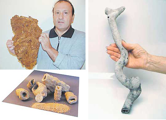 Крупный «ветвистый» фульгурит весом 7,3 кг, найденный автором на окраине Москвы (слева вверху), и его полые цилиндрические фрагменты, образованные из оплавленного песка; справа — белый фульгурит из Техаса (изображение: «Наука и жизнь»)