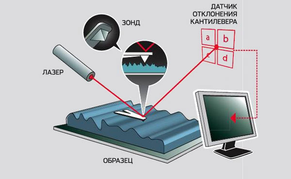 Атомно-силовой микроскоп. Атомно-силовой микроскоп буквально ощупывает образец, регистрируя силу взаимодействия между зондом и поверхностью. Изображение: «Популярная механика»