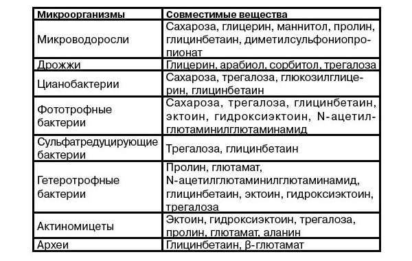 <b>Таблица 2.<i> </i></b>Основные совместимые вещества и микроорганизмы, в которых они обнаружены