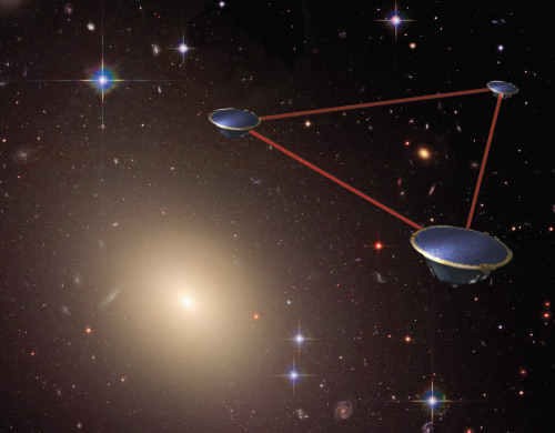 Орбитальная антенна LISA (Laser Interferometer Space Antenna) для их обнаружения гравитационных волн от слияния двух черных дыр. Изображение с сайта lisa.nasa.gov