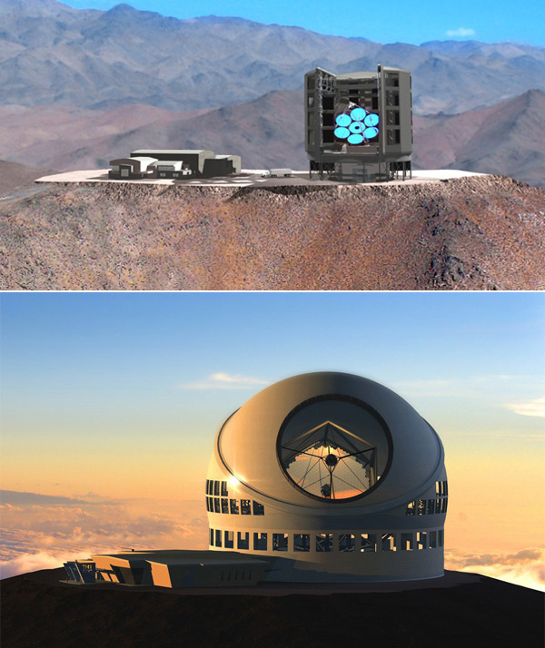 Возможно, так будут выглядеть гигантские телескопы, которые американцы построят в пустыне Аткакама. Вверху: Магелланов телескоп (Todd Mason/Mason Productions. Изображение с сайта www.gmto.org). Внизу: Тридцатиметровый телескоп (TMT Observatory Corporation. Изображение с сайта www.tmt.org)