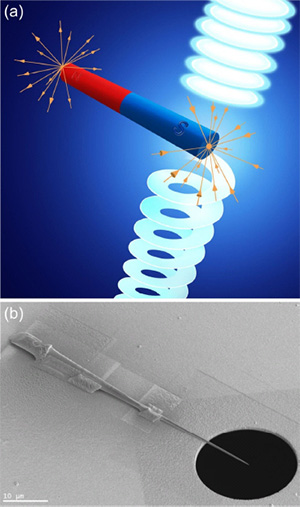 Рис. 7. Получение закрученных электронов с помощью искусственных «магнитных монополей». Вверху: общая идея метода; внизу: электронный снимок магнитной иглы, на конце которой возникало магнитное поле, очень напоминающее монопольное