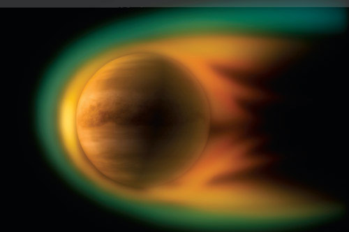 Без магнитного щита. У Венеры полностью отсутствует планетарное магнитное поле глубинного происхождения, и весь ее крайне слабенький магнетизм порожден взаимодействием между ионосферой и солнечным ветром. Изображение: «Популярная механика»