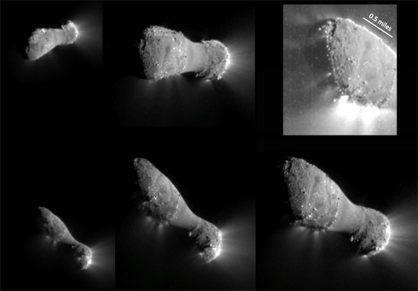 Изображения ядра кометы Хартли-2 в разных положениях относительно аппарата показывают его более или менее симметричную форму, что облегчает расчёты. На правом верхнем снимке затенённая часть поверхности проступает на фоне газовых выбросов. Фото ©NASA/JPL-Caltech/UMD