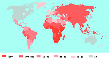 Число больных туберкулезом на 100 тысяч человек (по данным ВОЗ на 2000 год). Каждые 15 секунд в мире от туберкулеза умирает человек