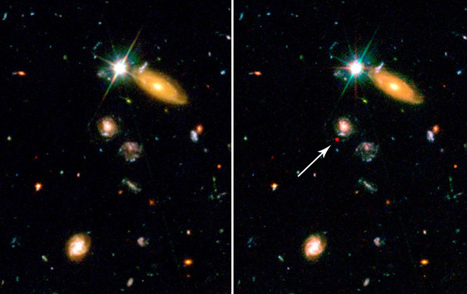 Сопоставление разных по времени снимков привело не только к обнаружению далекой сверхновой, но и к выявлению ускоренного расширения Вселенной. Фото © NASA and J.Blakeslee (JHU) с сайта hubblesite.org