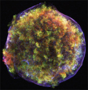 Сверхновая Тихо: термоядерный взрыв, наблюдавшийся знаменитым датским астрономом Тихо Браге в 1572 г., оставил после себя облака кремния, железа и других тяжелых элементов, светящихся в рентгеновском диапазоне (зеленый, красный). Ударная волна (тонкая голубая оболочка) расширяется со скоростью 7500 км/с (фото: www.sciam.ru)