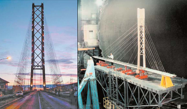 Слева: Сургутский мост. Справа: модель этого моста перед испытаниями в аэродинамической трубе. Изображение: «Наука и жизнь»