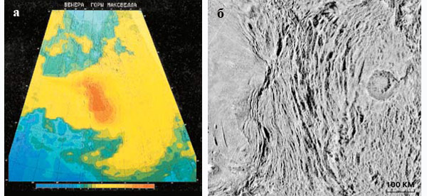а — Карта высот гор Максвелла, представленных цветовой шкалой. Низменности имеют синий цвет, возвышенности — тёмно-коричневый, переходы цвета соответствуют изменению высоты на 500 метров. б — Укрупнённый фрагмент гор Максвелла с кратером Клеопатра. Слева от гор — восточная оконечность плато Лакшми. Изображение: «Наука и жизнь»