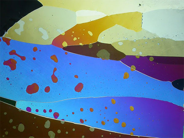 Ледяные кристаллы (поперечный срез обыкновенного льда для коктейлей, снятый при поляризованном свете). Фото: Е. Подольский, 2006; холодная лаборатория, микроскоп Nikon Achr 0.90, цифровая камера Nikon CoolPix 950