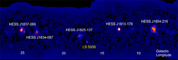 Карта гамма-излучения неба, показывающая результаты первого сканирования галактической плоскости установкой H.E.S.S., когда был обнаружен LS5039 (изображение с сайта www.mpi-hd.mpg.de)