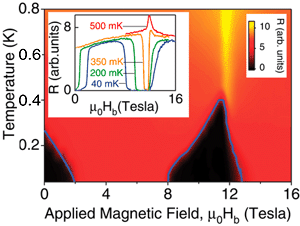 Электрическое сопротивление URhGe (показано цветом) в зависимости от температуры и магнитного поля. Черные области (нулевое сопротивление) отвечают сверхпроводимости (изображение с сайта sciencemag.org)