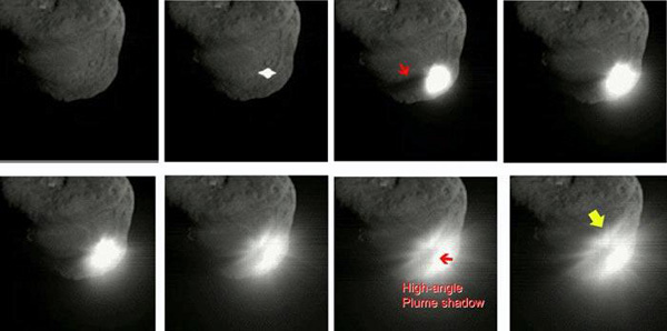 Последовательность кадров, сделанных прибором высокого разрешения (HRI) зонда Deep Impact, показывает, как росло пылевое облако (фото с сайта www.newscientistspace.com)