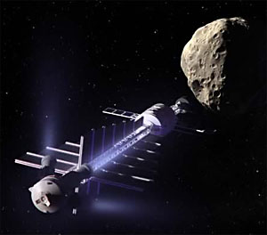 Так в представлении художника может выглядеть гравитационный тягач за работой. Правда, для эффективной сцепки ему придется висеть гораздо ближе к поверхности (рисунок: Dan Durda с сайта www.newscientist.com)