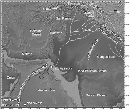 Рельефная карта Аравийского моря и прилегающих массивов суши. Показаны русла крупнейших рек, возникший 5 млн лет назад водораздел (drainage divide) и места морского бурения (рис. с сайта www.eurekalert.org).