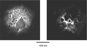 Суммарная освещенность северного (слева) и южного полюсов Луны (фото с сайта www.lpi.usra.edu)