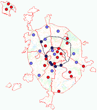 Схема размещения автоматических станций контроля загрязнения атмосферного воздуха Единой системы мониторинга Москвы (изображение с сайта www.mosecom.ru)