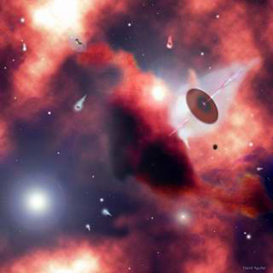 Проплиды (в представлении художника) возникают как быстро вращающиеся звезды, окруженные пылевым диском и излучающие с полюсов две струи звездного вещества. Окруженные коконом газа, эти струи замедляют угловой момент вращения звезды, так что в конце концов могут образоваться планеты (изображение с сайта www.physorg.com)