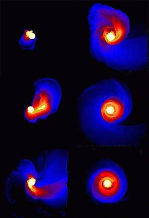 При сильном ударе значительная часть вещества меньшего тела испаряется и крупного спутника не образуется. На этих шести кадрах показано развитие газового диска на протяжении 50 часов после такого столкновения в соответствии с результатами численного моделирования (рис. с сайта www.newscientistspace.com)