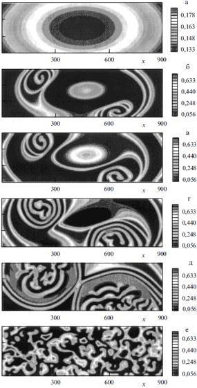 Спонтанно возникающие хаотические узоры в биологической модели «хищник—жертва» являются проявлениями пространственно-временного хаоса (изображение из статьи УФН, т.172, вып.1, 2002, с.3)