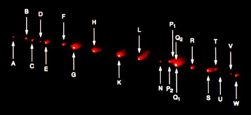 Фрагменты кометы Шумейкеров-Леви 9 на снимке с космического телескопа Хаббла 17 мая 1994 года. Фото: H.Weaver, T.Smith, NASA