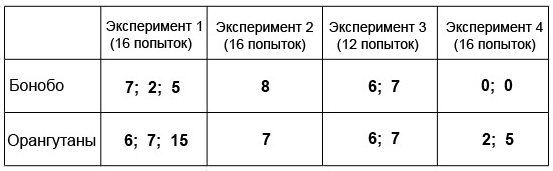 Результаты экспериментов по планированию. Цифры показывают число успешных попыток у каждой из участвовавших в эксперименте обезьян