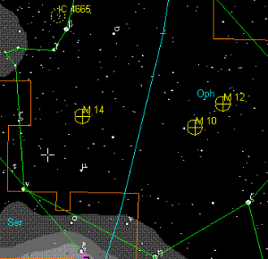 Участок карты звездного неба с созвездием Змееносца (Oph). Перекрестьем помечено положение RS Змееносца
