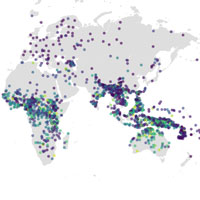 2226 проанализированных языков из базы данных Grambank на карте мира