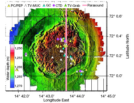 Изображение вулкана, полученное при помощи высокочувствительного эхолокатора. Цветом обозначены глубины, треугольниками — места забора всевозможных проб. Рис. из статьи в Nature