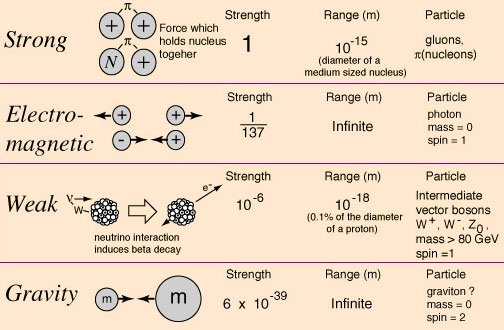 На рисунке показаны четыре фундаментальных взаимодействия, присутствующие в нашем мире. В гипотетическом мире Харника отсутствует третье из них. Однако, хотя в «неслабой» вселенной некоторые процессы, протекающие в нашем мире, невозможны, в ней тоже могут образоваться планеты, включающие в свой состав водород, кислород, углерод, азот, железо и почти все прочие элементы, от которых зависит земная биохимия. А значит, возможно и возникновение жизни. Изображение с сайта hyperphysics.phy-astr.gsu.edu