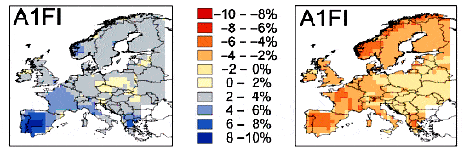 Прогноз разнообразия близко и далеко мигрирующих видов птиц на 2050–2080-е годы. Разными цветами, как следует из легенды, на картах показано изменение доли той или иной группы птиц. Справа карта близких мигрантов — сплошь желто-коричневая, что означает снижение доли этой группы птиц. А слева — сине-голубая, это означает увеличение доли далеких мигрантов. Данный прогноз составлен в соответствии с наиболее жестким сценарием потепления, по другим сценариям обе карты будут более бледных оттенков голубого и желтого. Рис. из обсуждаемой статьи в Global Ecology and Biogeography