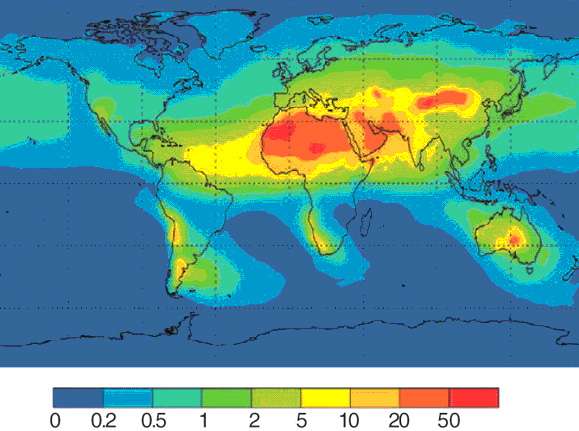 Рис. 3. Распределение пыли (г/м2 в год), приносимой в океан ветрами из Сахары, а также пустынь Аравийского полуострова и Центральной Азии. Именно с пылью попадает в океан железо, столь нужное азотфиксирующим цианобактериям. Рисунок из статьи: P.W.Boyd et al. Mesoscale iron enrichment experiments 1993-2005: Synthesis and future directions // Science. 2007. V. 315. P. 612–617