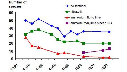 Рис. 2. Снижение числа видов растений на пастбище Ротамстедской станции при добавлении удобрений. В результате длительного эксперимента по регулярному добавлению удобрений — нитратного азота (красная линия), аммонийного азота без извести (зеленая линия) и аммонийного азота с известью (фиолетовая линия, с 1903 г.) — видно, как уменьшается число видов по сравнению с контролем (синяя линия). Рис. с сайта www.rothamsted.ac.uk