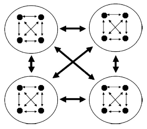 «Вложенное перетягивание каната». Члены группы соревнуются друг с другом за свою долю общественного пирога. Размер пирога, в свою очередь, зависит от успешности группы в соревновании с другими группами. Чем больше сил тратят особи на внутригрупповую борьбу, тем меньше их остается на общественно-полезную деятельность. Рис. из обсуждаемой статьи в PNAS