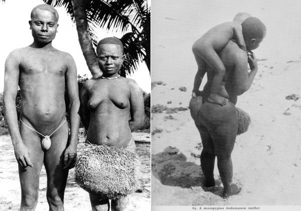 Слева: представители одного из самых низкорослых современных народов — племени онге с Андаманских островов: наряд женщины — традиционный, мужской — представляет собой вынужденную уступку предрассудкам чужаков, 1970-е гг. (фото с сайта www.andaman.org). Справа: коренная жительница Андаманских островов (фото с сайта olimu.com)