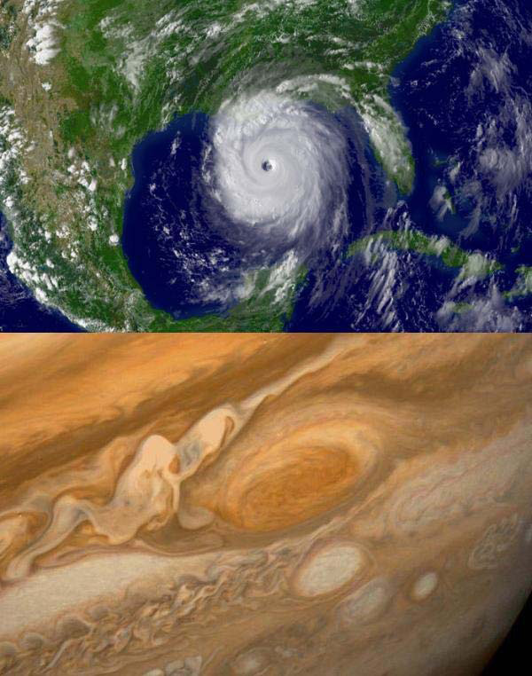 Рис. 1. Примеры проявления двумерной турбулентности в планетарном масштабе. Вверху: снимок урагана Катрина — одного из наиболее разрушительных ураганов в истории США, — сделанный со спутника 29 августа 2005 года. Внизу: снимок Большого красного пятна — атмосферного образования на Юпитере, наблюдаемого уже почти 350 лет, — сделанный Вояджером-1 в 1979 году (изображения с сайтов web.mit.edu и ru.wikipedia.org)