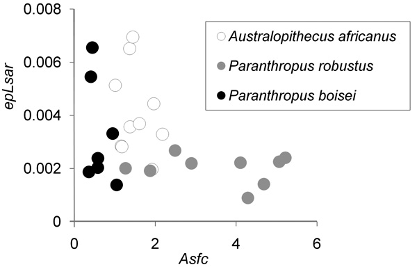 Сравнение текстуры поверхности зубной эмали у трех видов гоминин. По горизонтальной оси — показатель «фрактальной сложности», отражающий употребление твердой пищи (разгрызание орехов). По вертикальной оси — показатель «анизотропности», отражающий употребление жесткой пищи (листья, корни, стебли). Видно, что P. boisei грыз орехи очень нечасто, да и по частоте использования жесткой пищи уступал грацильному австралопитеку A. africanus. Рис. из обсуждаемой статьи в PLoS ONE