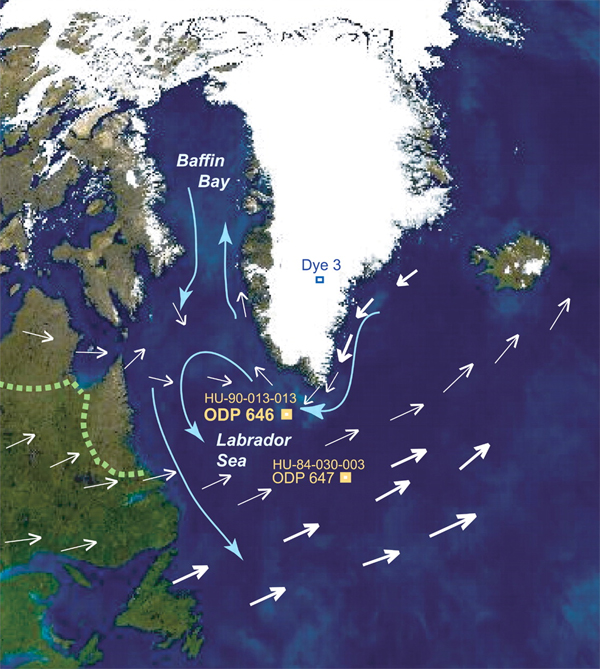 Место расположения станции глубоководного бурения № 646 в Северной Атлантике, где была взята колонка грунта, давшая основной материал для анализа состава и количества пыльцы. Глубина океана в этом месте составляет 3379 м. Белыми стрелками показано направление ветров над поверхностью воды в период с июня по сентябрь. Голубые стрелки показывают подповерхностные течения. Синим квадратиком Dye3 показано место, где подо льдом была обнаружена ДНК ели. Рис. из обсуждаемой статьи в Science
