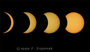 Частные фазы затмения 11 августа 1999 года. Фото с сайта www.mreclipse.com Photo ©1999 by Fred Espenak