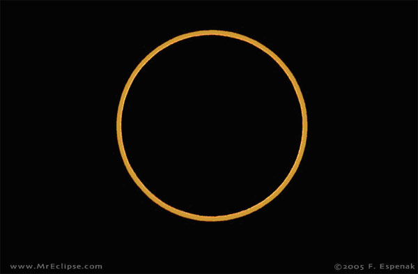 Кольцеобразное солнечное затмение 3 октября 2005 года в Испании. Условия съемки: Nikon D100 и Vixen 80mm f/8 Fluorite Refractor Exposure: f/16 @ 1/250 second (ISO200). Фото © 2005 by Fred Espenak с сайта www.mreclipse.com