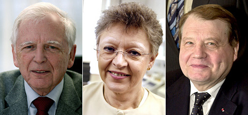 Лауреаты Нобелевской премии по физиологии и медицине за 2008 год: Харальд цур Хаузен, Франсуаза Барре-Синусси и Люк Монтанье. Фотографии с сайта Нобелевского комитета (nobelprize.org)