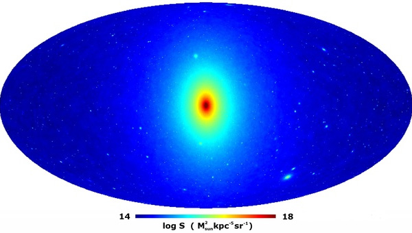Рис. 2. Распределение яркости гамма-излучения, рождаемого при аннигиляции частиц темного вещества, на небе. Центр рисунка соответствует направлению на центр Галактики (находится в созвездии Стрельца). Изображение построено так, как будто бы земные или орбитальные телескопы смотрят на небо и видят гамма-излучение, связанное с аннигиляцией частиц WIMP. Изображение с сайта www.mpa-garching.mpg.de/aquarius