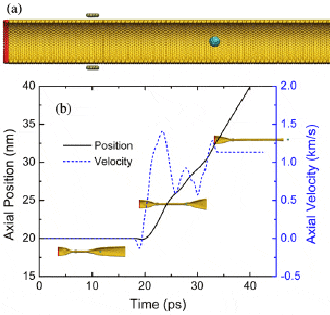 Рис. 4. Схема нанопушки, действующей на основе «эффекта домино», в разрезе. (a) Внутри углеродной нанотрубки (55, 0) находится молекула фуллерена С60. Принцип действия можно увидеть в этом видео (см. также пояснения в тексте). (b) Начальное положение и скорость вылета «заряда» (молекулы фуллерена) в зависимости от времени. Наибольшая скорость вылета С60 (1,13 км/с) сравнима со скоростью доминошной волны. Рис. из обсуждаемой статьи в Physical Review Letters