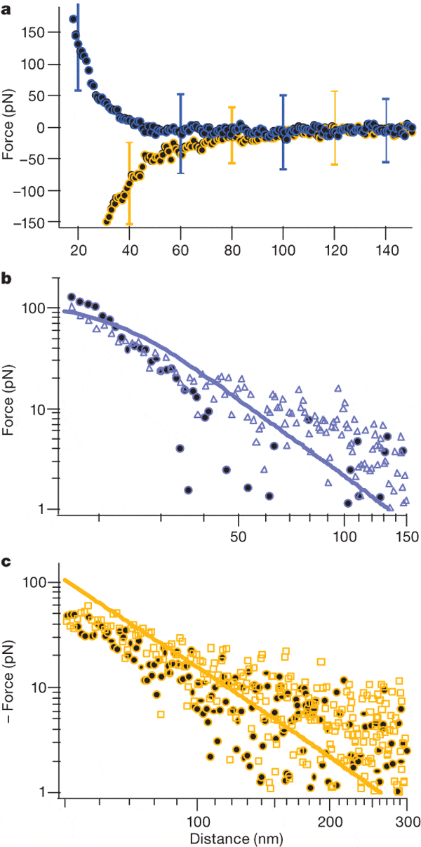Рис. 4. a. Синие (желтые) круги на графике представляют собой результат 50 измерений силы Казимира–Лифшица, действующей между золотым шариком, погруженным в бромбензол, и кремниевой (золотой) пластиной на разных расстояниях. b. Зависимость измеренной силы отталкивания между золотым шариком, находящимся в бромбензоле, и кремниевой плоскостью, построенная в логарифмическом масштабе (синие круги), и такая же зависимость, рассчитанная согласно теории Казимира–Лифшица. Голубые треугольники означают те же данные, полученные в результате измерения силы Казимира–Лифшица между таким же (номинально) золотым шариком и кремниевой пластиной. c. Аналогичная зависимость для притягивающейся системы «золотой шарик — золотая пластина». Рис. из обсуждаемой статьи в Nature